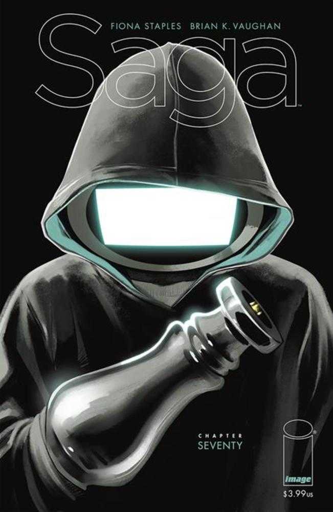 Comic book cover featuring a hooded figure with a screen for a face, holding a bottle. The title "Saga" is at the top of the image.