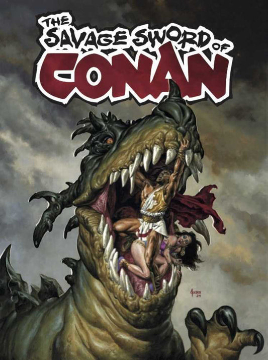 Comic book cover featuring "The Savage Sword of Conan", with a dinosaur monster eating a man and woman.