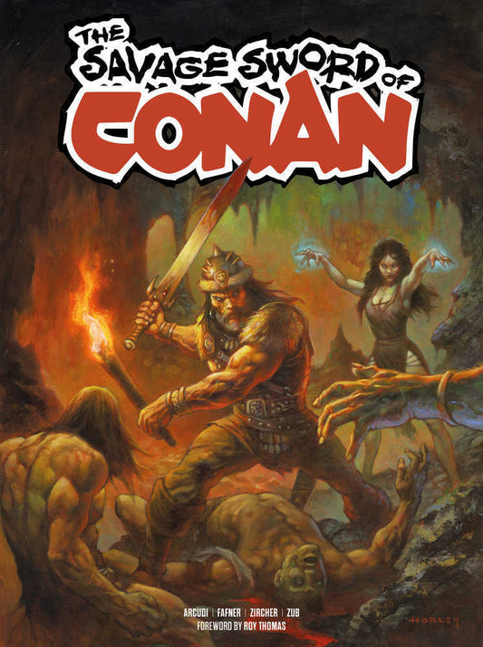 Cover art for "The Savage Sword of Conan" depicts Conan battling adversaries in a cavern. Conan is the center of the image, wielding a sword and holding a torch. A woman with glowing hands stands behind him, while a large creature lies defeated beneath his feet. A group of monsters appears to be closing in on the right side. 
