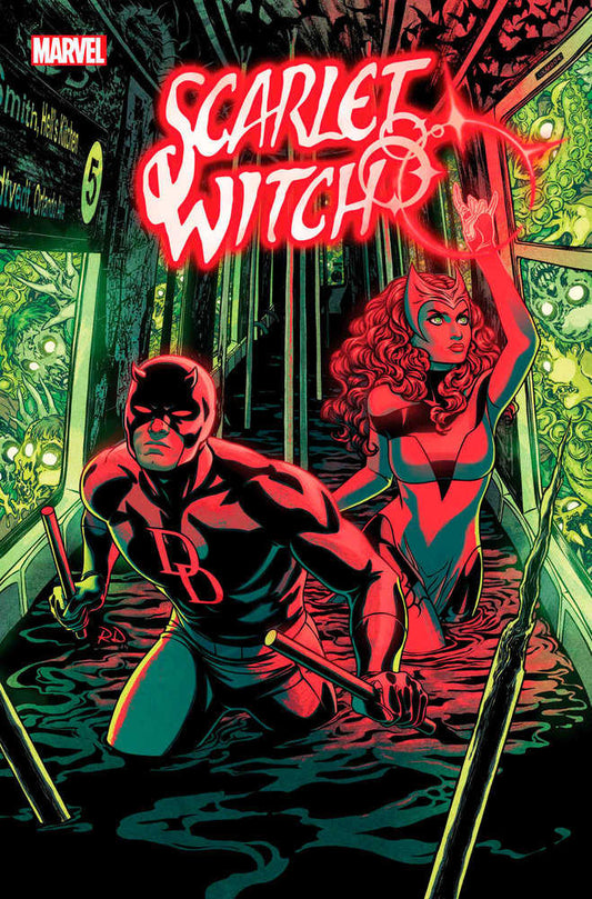 Comic book cover featuring Daredevil and Scarlet Witch in a flooded subway, surrounded by zombified passengers. "Scarlet Witch" title above.