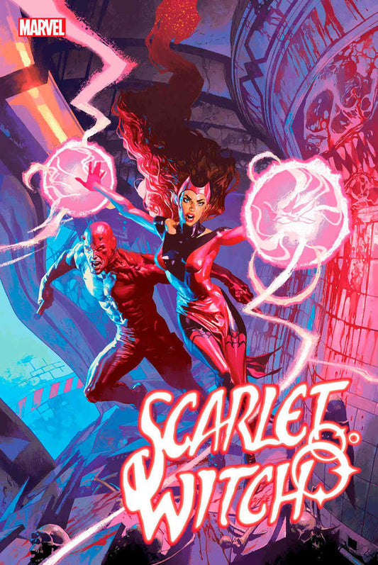 Comic book cover featuring Scarlet Witch and Daredevil, both with hands extended using powers, with the title "Scarlet Witch" below, and skulls and other figures in the background.