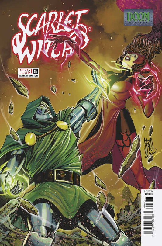Comic book cover featuring Scarlet Witch battling Doctor Doom. Scarlet Witch wears a red and orange dress and glows with pink energy. Doctor Doom in green cloak and metal suit emits green energy. Debris floats against a yellow-brown background.
