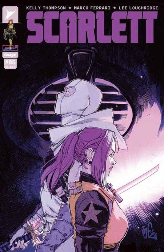 Comic book cover featuring Scarlett, a female character with purple hair, in profile with a sword. Behind her stands a masked figure against a dark, abstract background.
