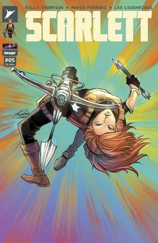 Comic book cover: "Scarlett" featuring a character with red hair, crossbow, and gear, against a colorful background.