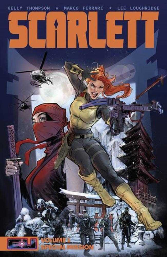 Comic book cover featuring the character Scarlett, holding a crossbow, with a ninja holding a sword in the background. Helicopters and a moon are visible in the sky. The setting appears to be snowy with a Japanese-style building. Below are more ninjas standing guard. The title "Scarlett" is written in large orange letters at the top.
