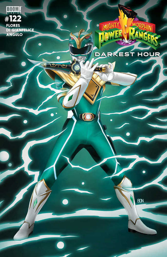 Green Power Ranger in white and gold costume, holding a dagger.