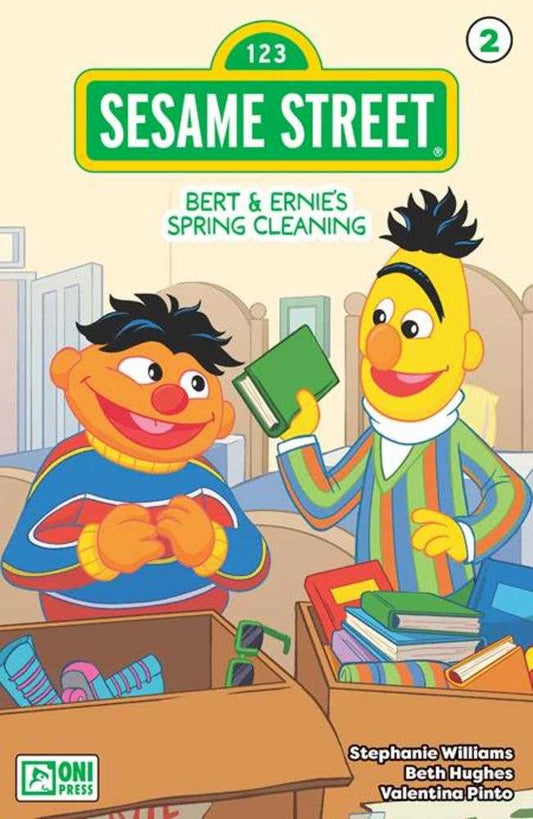 Sesame Street book cover featuring Bert and Ernie, with boxes of books and belongings.