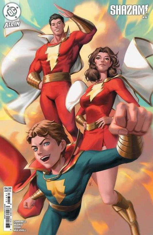 Comic book cover: Shazam Family, red and blue costumes, gold accents, white capes.