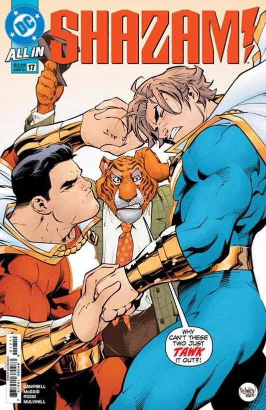 Comic book cover with Shazam characters arguing and Tawky Tawny between them.