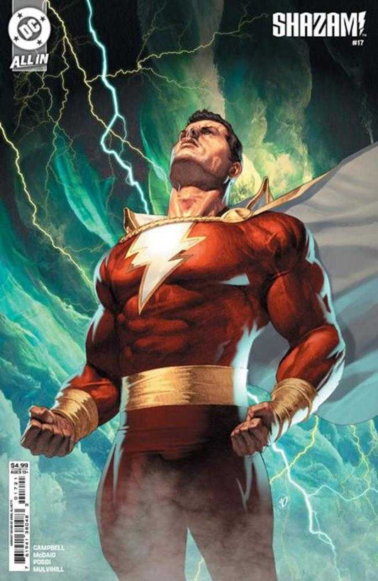 Comic book cover of Shazam with a man in a red suit with a white lightning bolt on his chest. He is looking upward with a white cape behind him and lightning in the background.