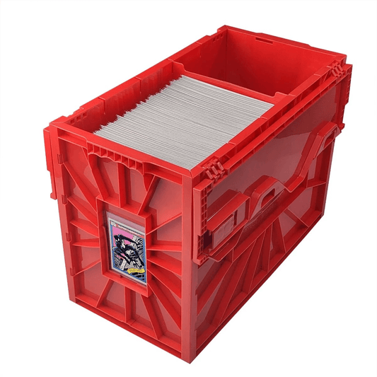 Red plastic comic book storage box filled with bagged comic books.