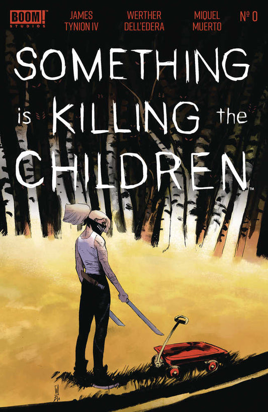 Comic book cover for "Something is Killing the Children No. 0" featuring a masked figure holding blades, a red wagon, and birch trees.