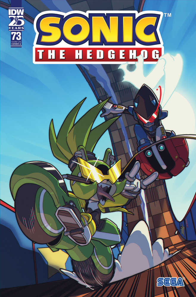 Comic book cover featuring Sonic the Hedgehog. Jet the Hawk on a motorcycle and Wave the Swallow on a hoverboard.