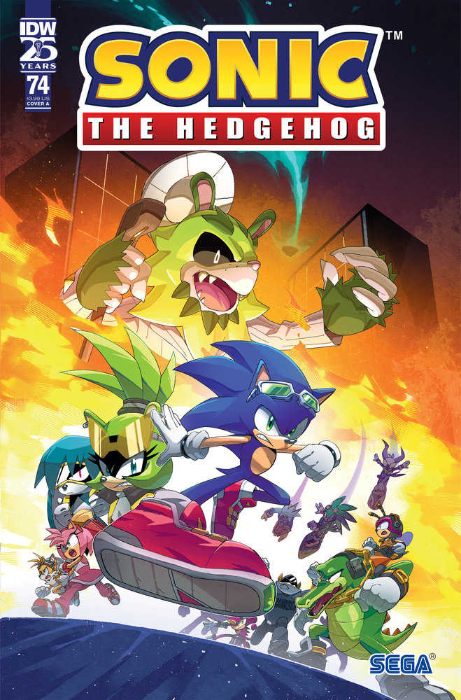 Comic book cover: Sonic the Hedgehog #74, featuring multiple characters in a dynamic pose against a fiery background.