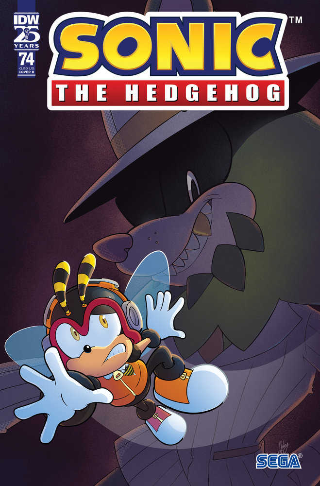 Comic book cover featuring Charmy Bee cowering in front of a wolf-like mobster in a fedora.