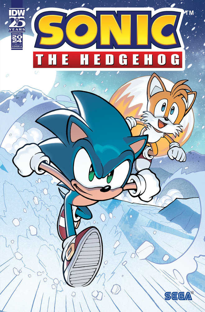 Comic book cover featuring Sonic the Hedgehog and Tails in a snowy landscape.