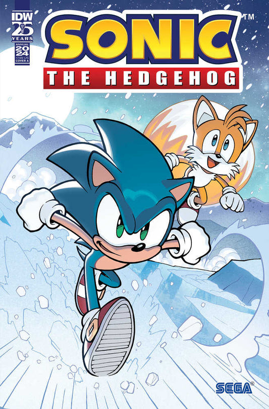 Comic book cover featuring Sonic the Hedgehog and Tails in a snowy landscape.