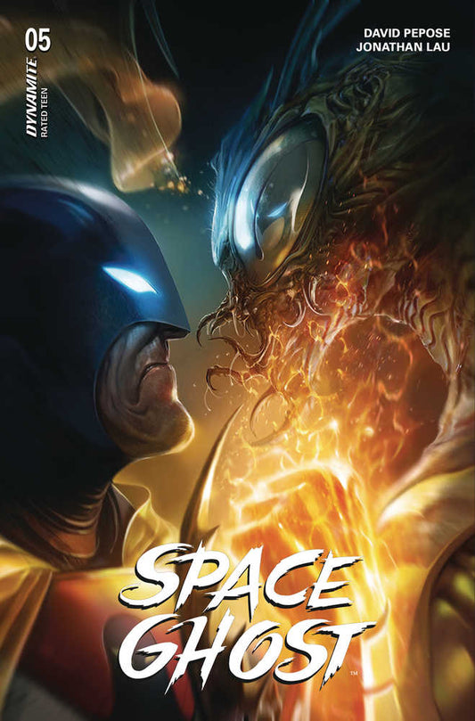 Comic book cover featuring Space Ghost facing a monster.