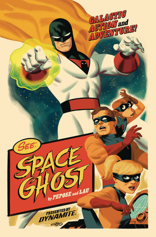 Illustrated poster of Space Ghost with Jan, Jace, and Blip.