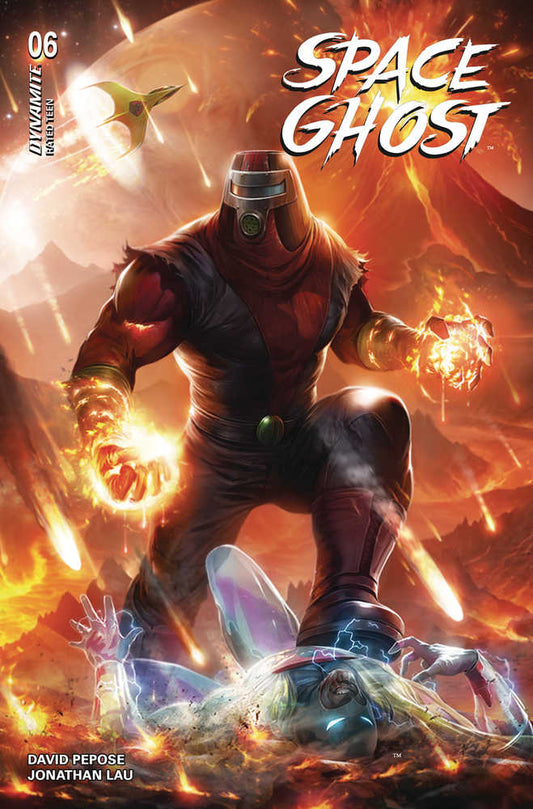 Comic book cover art featuring Space Ghost standing over a downed foe. He wears a dark red and black suit with a helmet, holding glowing energy in his hands. The background is fiery with a planet and spaceship visible.
