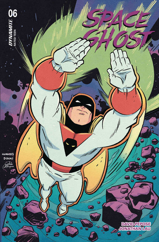Comic book cover featuring Space Ghost in a dynamic pose, surrounded by purple asteroids, with green energy emanating behind him.