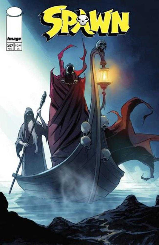 Spawn comic book cover featuring Spawn, hooded figure, and skull-adorned boat.