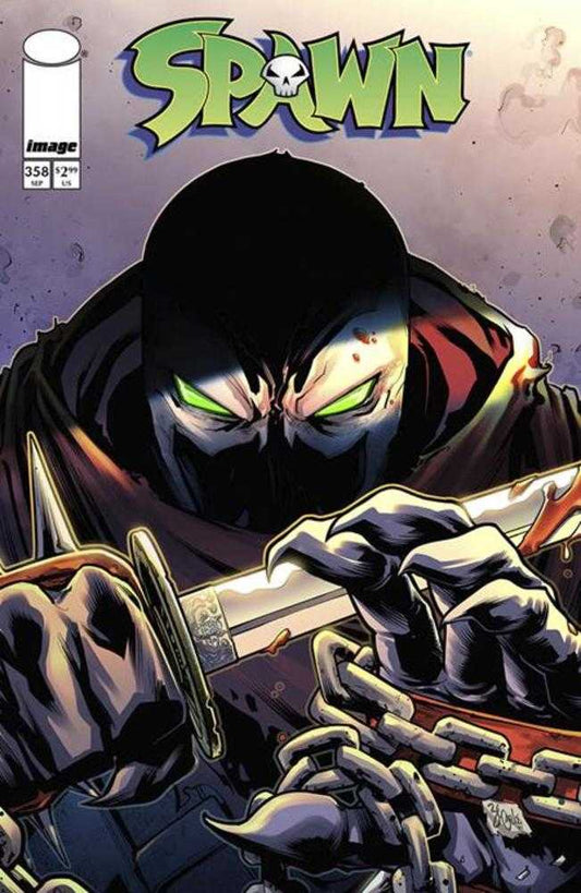 Comic book cover featuring Spawn holding a bloody sword. Spawn has a hooded cape, green eyes, and long fingers. Chains are wrapped around Spawn's hand.