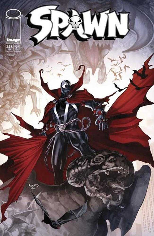 Comic book cover featuring Spawn in a red cape, standing on a gargoyle.