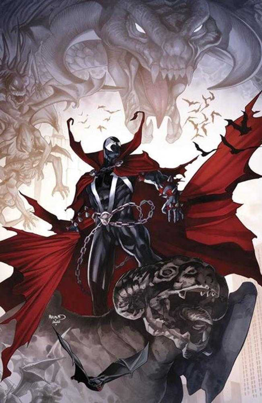 Comic book art featuring Spawn with a red cape, chains, and demonic figures in the background.