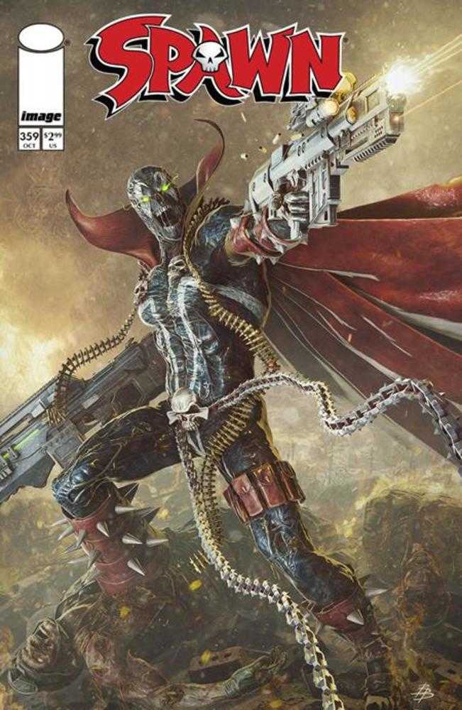 Comic book cover featuring Spawn holding a gun with ammunition belt.