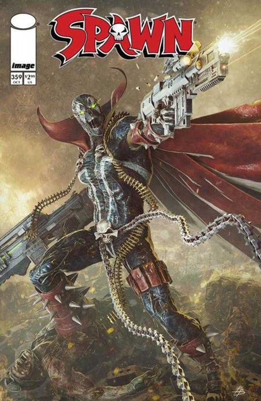 Comic book cover featuring Spawn holding a gun with ammunition belt.