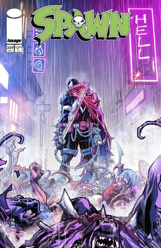 Comic book cover featuring Spawn standing over defeated creatures in a rainy cityscape with neon signs. 
