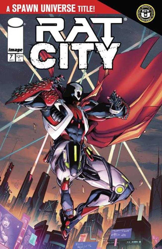 Comic book cover, Spawn Universe title, featuring a caped, armored figure in a city setting.