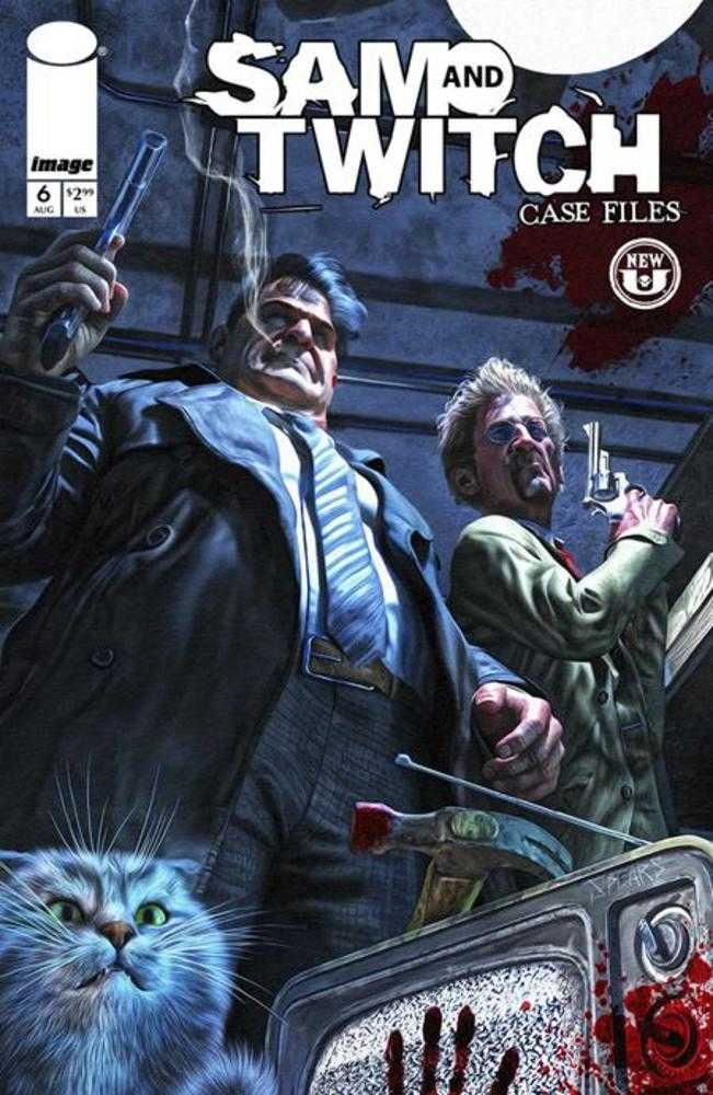 Comic book cover: "Sam and Twitch Case Files." Two detectives, one holding a smoking tube, the other a gun, stand over a bloodied TV with a cat.