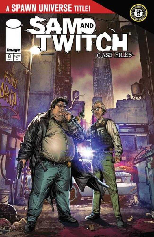 Comic book cover featuring Sam and Twitch: Case Files. Two police detectives, one overweight and smoking, stand in a gritty urban environment with a police car and buildings in the background.
