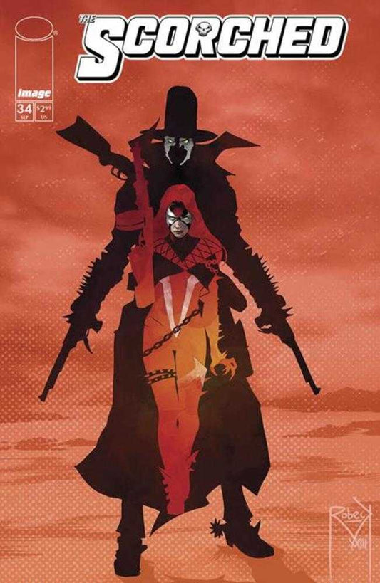 Comic book cover: The Scorched #34, featuring a red-toned image of a woman in a Spawn-like costume standing in front of a man in a black hat and trench coat, both armed with guns.