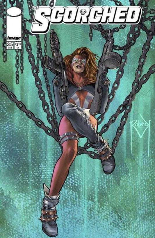 Comic book cover, Scorched #35, featuring a female character holding two guns while entangled in chains.