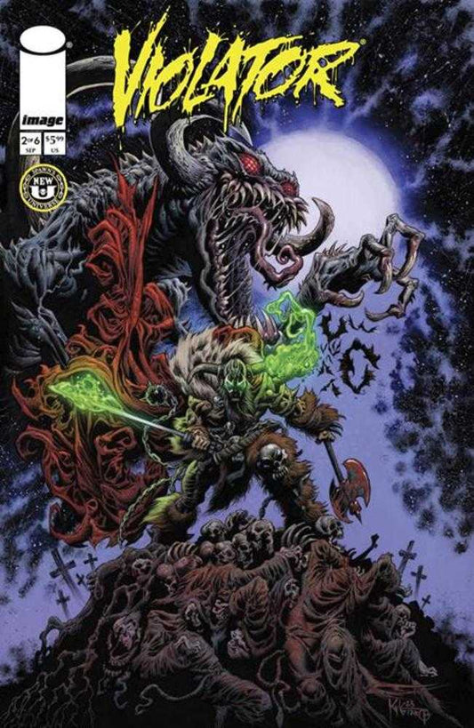Comic book cover with monster, skull-clad warrior, and pile of bodies.