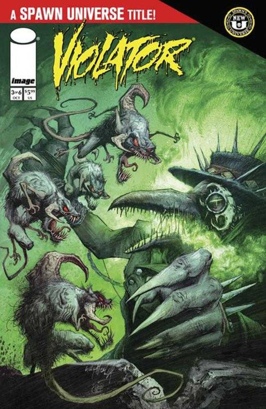 Comic book cover featuring a large green monster and smaller gray creatures, with the title "Violator" in yellow.
