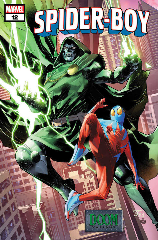 Comic book cover featuring Doctor Doom battling Spider-Boy, with bright colors, a city backdrop, and prominent "Spider-Boy" and "Doom Variant" text.