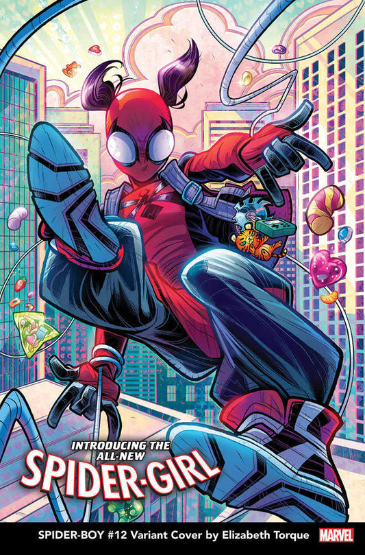 "Spider-Girl" comic book variant cover featuring the titular character with a red and black suit, oversized boots, and horn-like hair extensions, set against a colorful cityscape.