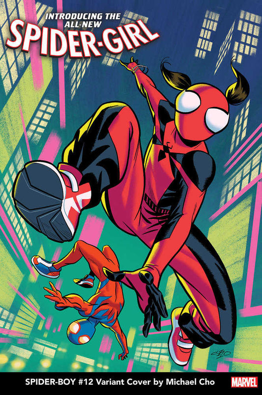 Comic book cover: Introducing the All-New Spider-Girl, showcasing a red and black suited Spider-Girl alongside Spider-Boy in dynamic poses.