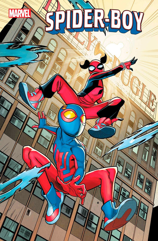 Comic book cover art featuring Spider-Boy in red and blue costume and an additional character in a red and black suit, posed in front of a cityscape.
