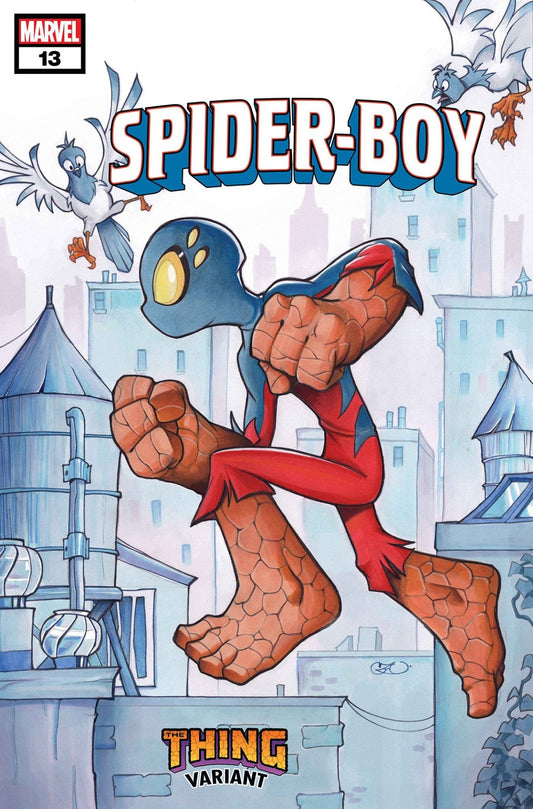 Comic book cover featuring "Spider-Boy" in a "Thing" variant, running across rooftops. Blue and red costume, rocky orange skin. Pigeons, city skyline, water towers.