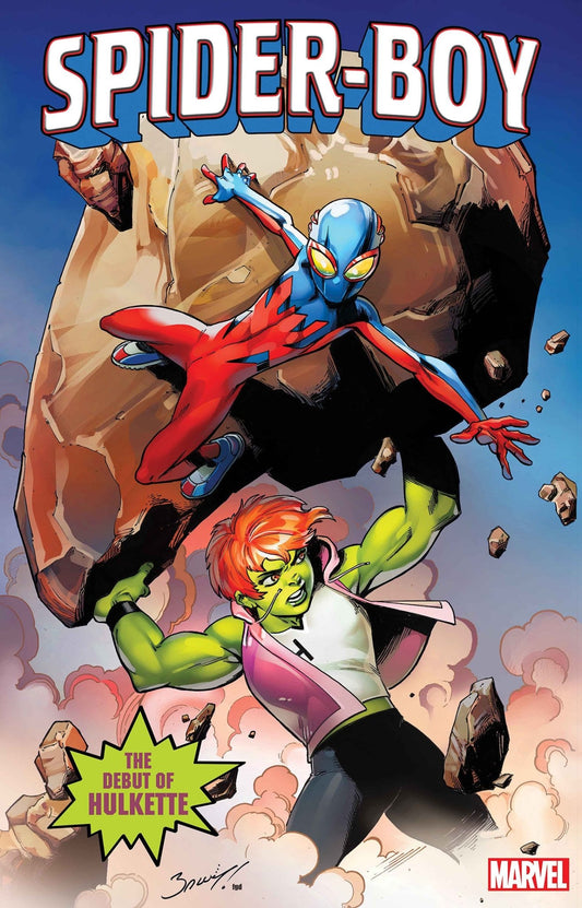 Comic book cover featuring Spider-Boy clinging to a large rock held by Hulketta, set against a blue and cloudy sky.