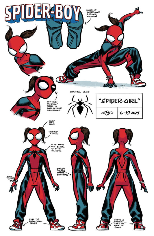 Comic book art showing a concept design for a character named Spider-Girl. The character is wearing a red and black suit with high-top basketball shoes, white bangles, and has short pigtails. The drawing also includes notes about the costume, such as the custom logo and the soles of the shoes making a spider pattern.