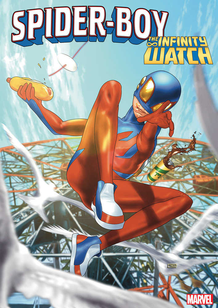 Comic book cover featuring Spider-Boy with a hotdog and soda, leaping in front of a Ferris wheel.