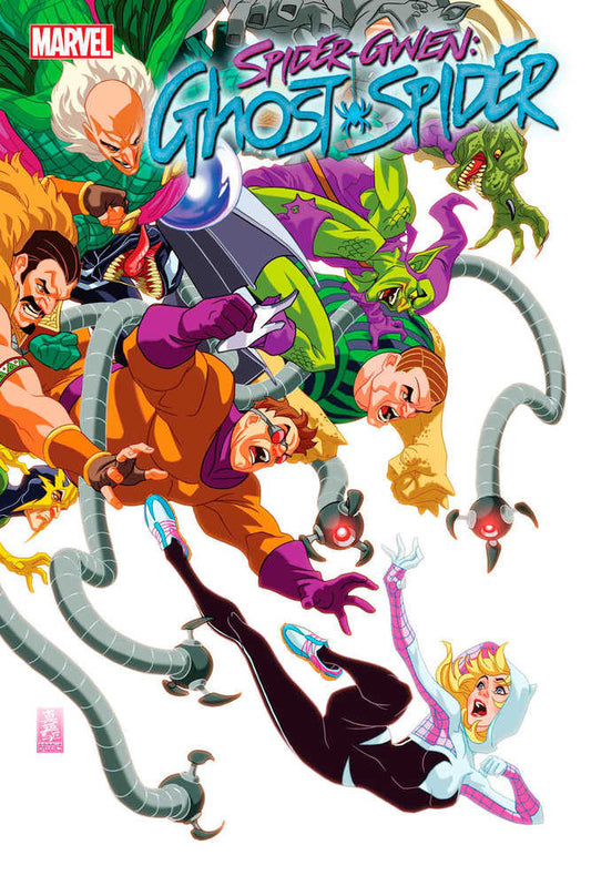Comic book cover art for Spider-Gwen: Ghost-Spider, featuring multiple villains, including Doctor Octopus and Green Goblin, surrounding Ghost-Spider in her black and white suit.