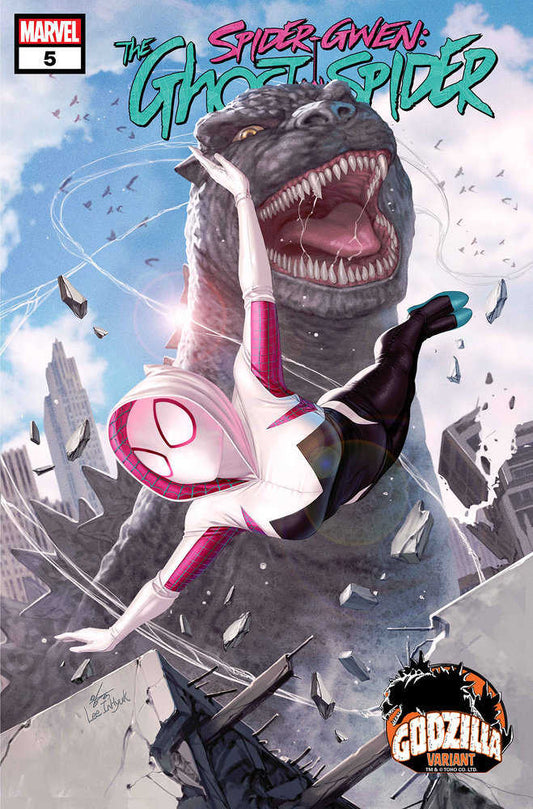 Comic book cover art featuring Spider-Gwen facing Godzilla.