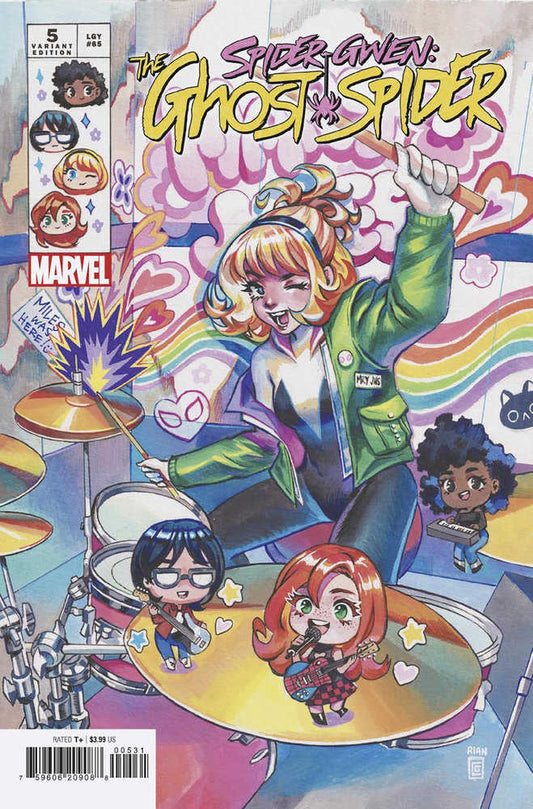 Comic book cover featuring Spider-Gwen playing drums surrounded by miniature bandmates, set against a colorful, psychedelic backdrop.